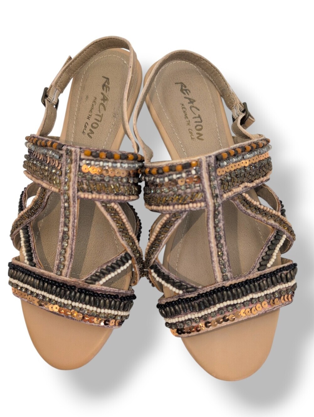 Kenneth Cole Reaction Sz 7.5M Bronze/Taupe With Beads/Sequin & Criss-Cross Strap - Picture 13 of 17